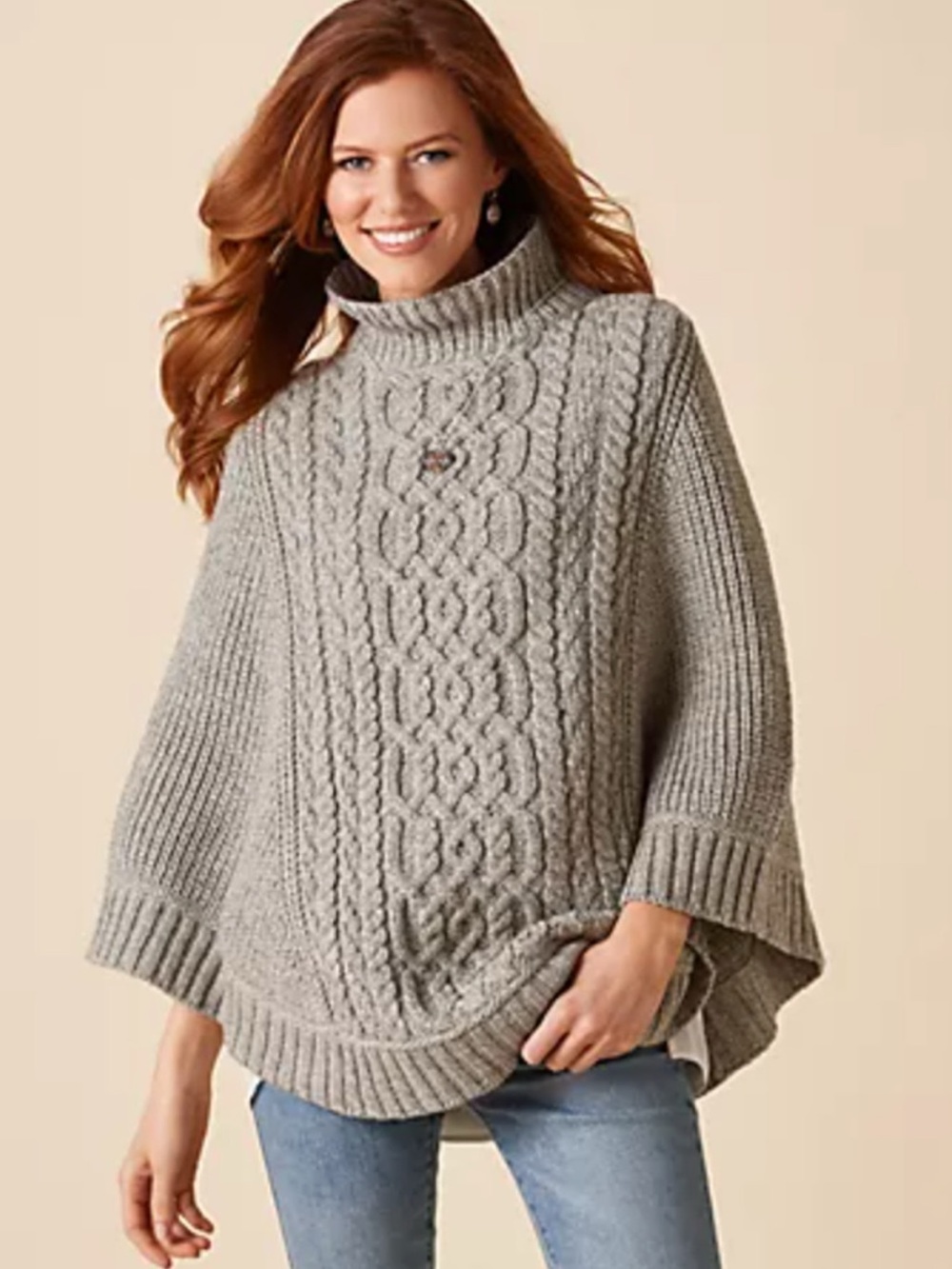 Aran Crafts 100% Merino Wool Cable knit Turtleneck Poncho